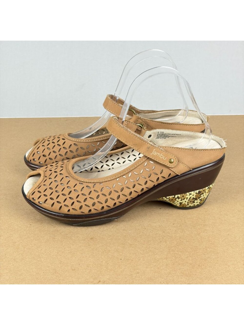 Jambu Journey Encore Wedge Mule Sandals Womens 9.5 Wide Tan Brown Floral